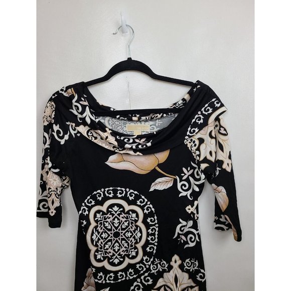 𝅺MICHAEL Michael Kors Black Tan Floral Print Off Shoulder Tunic Top Medium - Picture 2 of 5